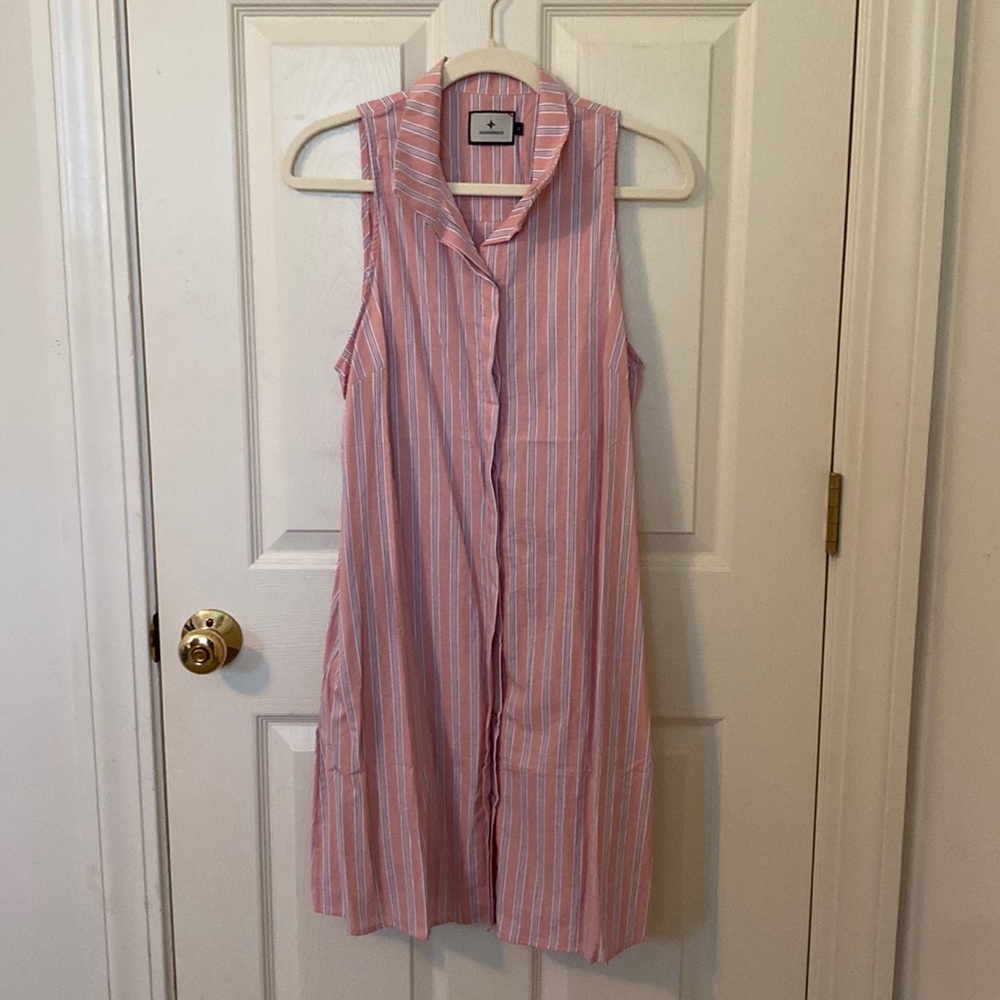 Tuckernuck Pink and White Striped Sleeveless Shirt Dress